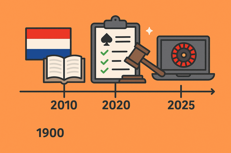 Illustratie van de evolutie van legale Nederlandse online casino’s met kaart, roulette, vergunning en spelicons