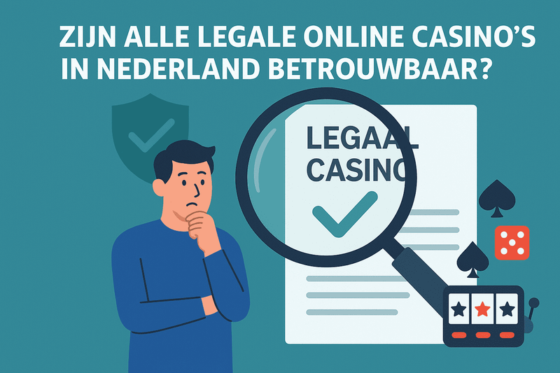 Controle van legaal Nederlands online casino met vergrootglas, document en icoon van veiligheid.
